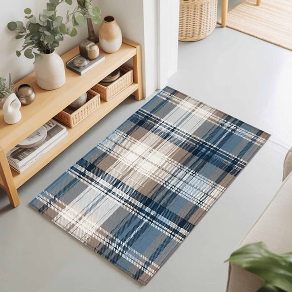 2x3 Blue Brown Buffalo Plaid Small Area Rug for Entryway, Washable Non Slip Low Pile Soft Indoor Rug for Kitchen Bathroom Bedside, Check Plaid Accent Rug