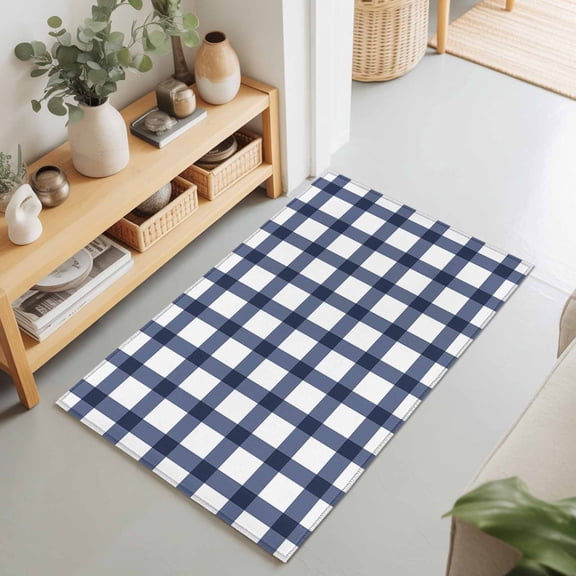 2x3 Blue Check Plaid Small Area Rug for Entryway, Washable Non Slip Low Pile Soft Indoor Rug for Kitchen Bathroom Bedside, Buffalo Farmhouse Style Accent Rug