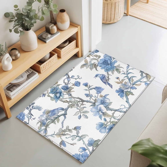 2x3 Blue Floral Small Area Rug for Entryway, Washable Non Slip Low Pile Soft Indoor Rug for Kitchen Bathroom Bedside, Bird Flower Accent Rug