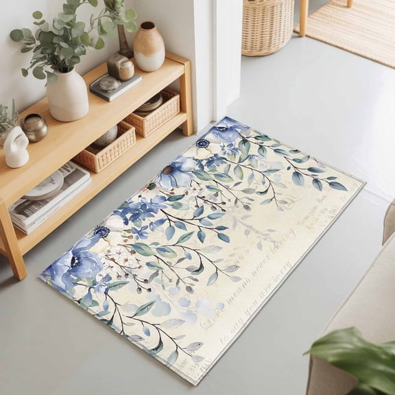 2x3 Blue Flowers Small Area Rug for Entryway, Washable Non Slip Low Pile Soft Indoor Rug for Kitchen Bathroom Bedside, Eucalyptus Leaves Vintage Accent Rug