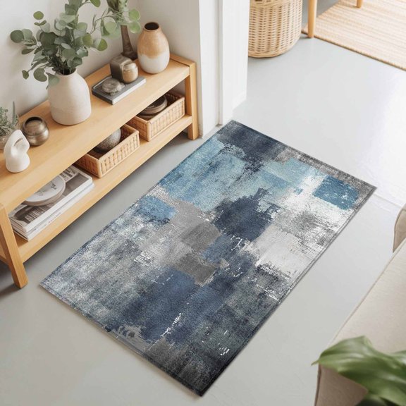 2x3 Blue Gray Block Small Area Rug for Entryway, Washable Non Slip Low Pile Soft Indoor Rug for Kitchen Bathroom Bedside, Abstract Art Accent Rug