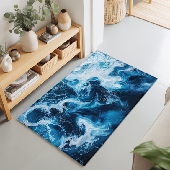 2x3 Blue Ocean Waves Small Area Rug for Entryway, Washable Non Slip Low Pile Soft Indoor Rug for Kitchen Bathroom Bedside, Abstract Art Accent Rug