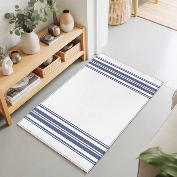 2x3 Blue White Striped Small Area Rug for Entryway, Washable Non Slip Low Pile Soft Indoor Rug for Kitchen Bathroom Bedside, Farmhouse Striped Accent Rug