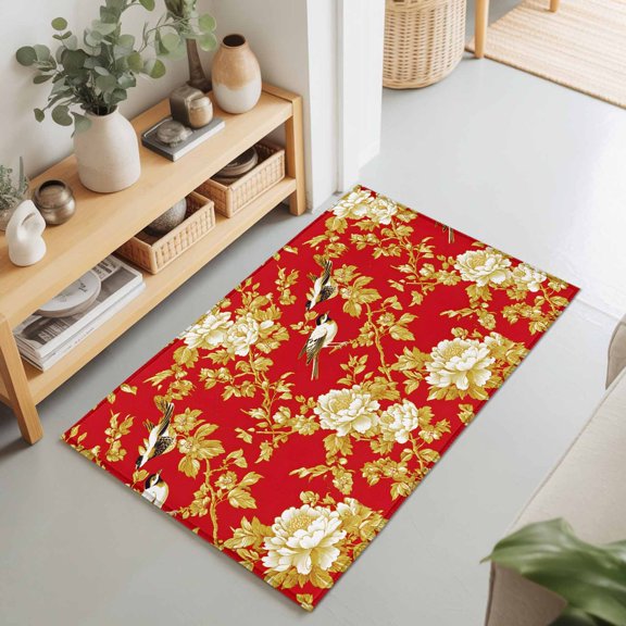 2x3 Branch Bird Small Area Rug for Entryway, Washable Non Slip Low Pile Soft Indoor Rug for Kitchen Bathroom Bedside, Gold Flowers Accent Rug