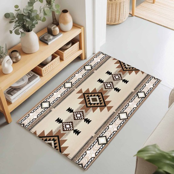 2x3 Brown Aztec Small Area Rug for Entryway, Washable Non Slip Low Pile Soft Indoor Rug for Kitchen Bathroom Bedside, Western Tribal Boho Accent Rug