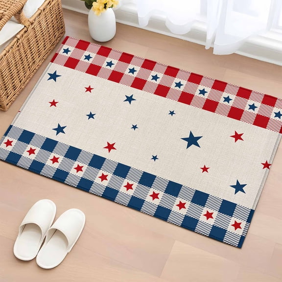 2x3 Door Mat Rug, 4th of July Country Star Non-Skid Rubber Backing Large Rectangle Rugs - Living Room Bedroom Home Office, Independence Day Blue Red Plaid Indoor Floor Mat Carpets Washable Rug