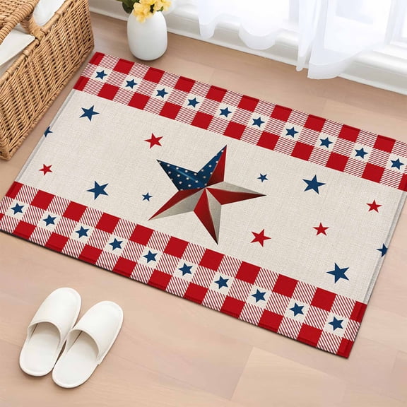 2x3 Door Mat Rug, 4th of July Country Star Non-Skid Rubber Backing Large Rectangle Rugs - Living Room Bedroom Office, Independence Day Patriotic Red Checkered Indoor Floor Mat Carpets Washable Rug