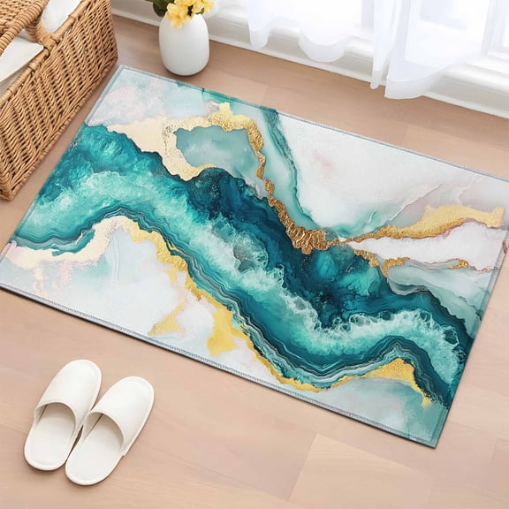 2x3 Door Mat Rug, Abstract Marble Non-Skid Rubber Backing Large Rectangle Rugs - Living Room Bedroom Home Office, Turquoise Abstract Golden Foil Texture Indoor Floor Mat Carpets Washable Rug