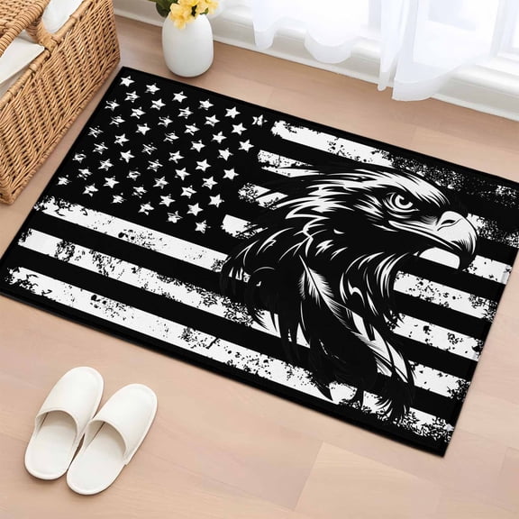 2x3 Door Mat Rug, American Flag Non-Skid Rubber Backing Large Rectangle Rugs - Living Room Bedroom Home Office, Black US Flag Eagle Indoor Floor Mat Carpets Washable Rug