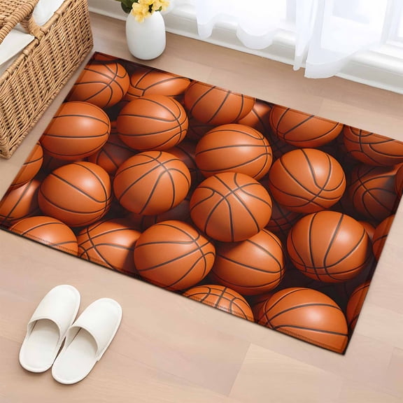 2x3 Door Mat Rug, Basketball Non-Skid Rubber Backing Large Rectangle Rugs - Living Room Bedroom Home Office, Sports Brown Basketball Indoor Floor Mat Carpets Washable Rug