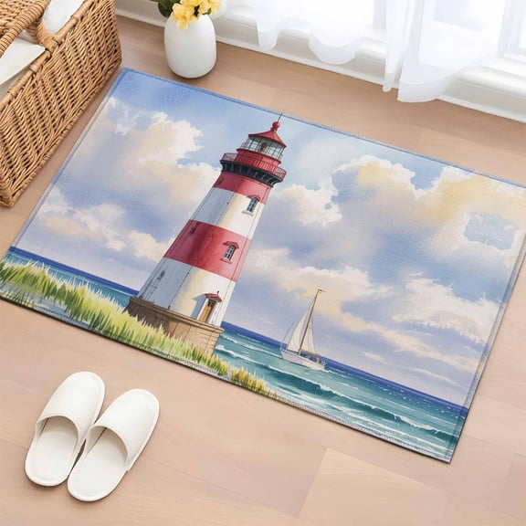 2x3 Door Mat Rug, Beach Lighthouse Non-Skid Rubber Backing Large Rectangle Rugs - Living Room Bedroom Home Office, Coastal Ocean Ship Sky Oil Painting Indoor Floor Mat Carpets Washable Rug