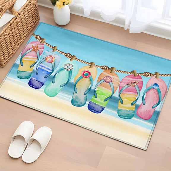 2x3 Door Mat Rug, Beach Slippers Non-Skid Rubber Backing Large Rectangle Rugs - Living Room Bedroom Home Office, Blue Summer Ocean Coastal Shell Indoor Floor Mat Carpets Washable Rug