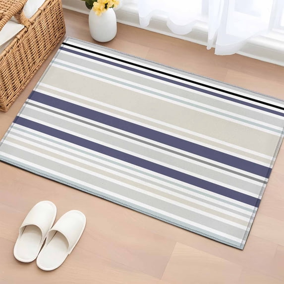 2x3 Door Mat Rug, Beige Stripe Non-Skid Rubber Backing Large Rectangle Rugs - Living Room Bedroom Home Office, Modern Abstract Art Navy Blue Striped Rustic Indoor Floor Mat Carpets Washable Rug