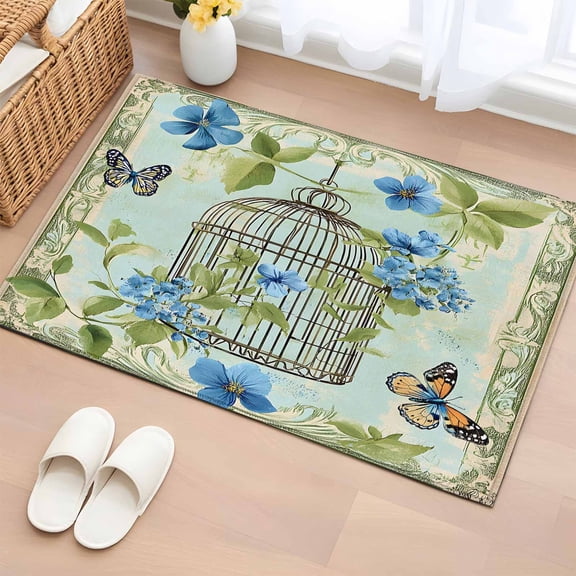 2x3 Door Mat Rug, Birds Cage Non-Skid Rubber Backing Large Rectangle Rugs - Living Room Bedroom Home Office, Green Botanical Blue Floral Indoor Floor Mat Carpets Washable Rug