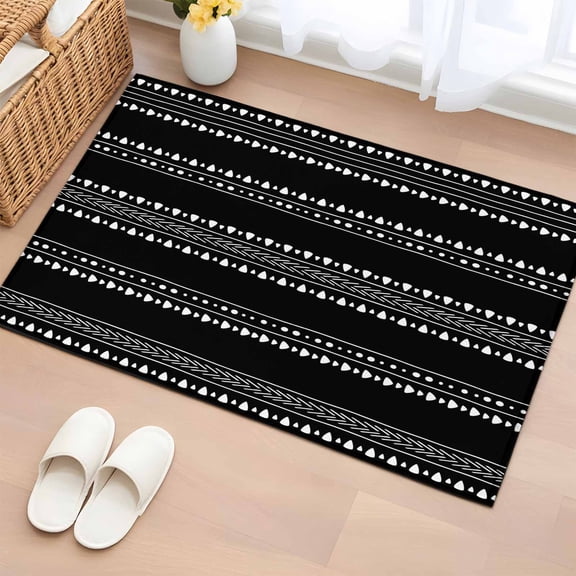 2x3 Door Mat Rug, Black Boho Geometric Non-Skid Rubber Backing Large Rectangle Rugs - Living Room Bedroom Home Office, Abstract Art Dots Striped Indoor Floor Mat Carpets Washable Rug
