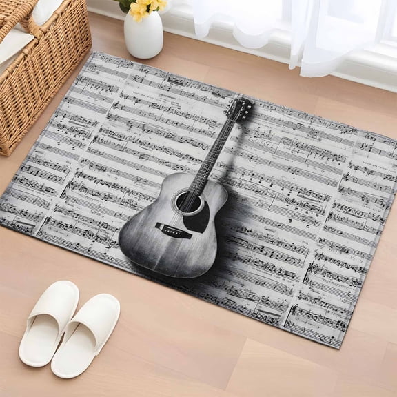 2x3 Door Mat Rug, Black Grey Guitar Non-Skid Rubber Backing Large Rectangle Rugs - Living Room Bedroom Home Office, Vintage Musical Guitar Sheet Abstract Indoor Floor Mat Carpets Washable Rug