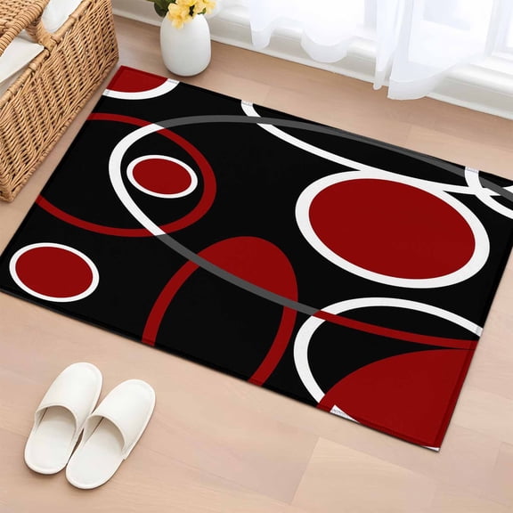 2x3 Door Mat Rug, Black Red Non-Skid Rubber Backing Large Rectangle Rugs - Living Room Bedroom Home Office, White Circle Geometric Abstract Texture Indoor Floor Mat Carpets Washable Rug