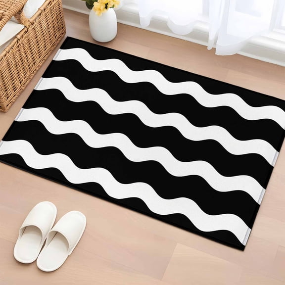 2x3 Door Mat Rug, Black Ripple Non-Skid Rubber Backing Large Rectangle Rugs - Living Room Bedroom Home Office, Simple Black White Waves Aesthetics Indoor Floor Mat Carpets Washable Rug
