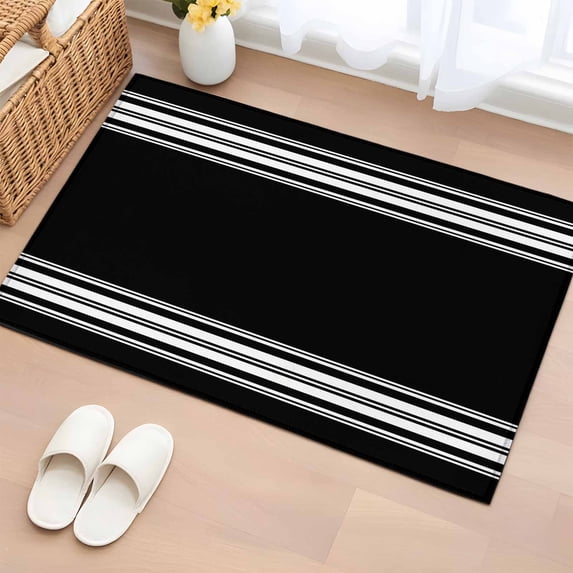 2x3 Door Mat Rug, Black Striped Non-Skid Rubber Backing Large Rectangle Rugs - Living Room Bedroom Home Office, Farmhouse Black White Stripes Indoor Floor Mat Carpets Washable Rug
