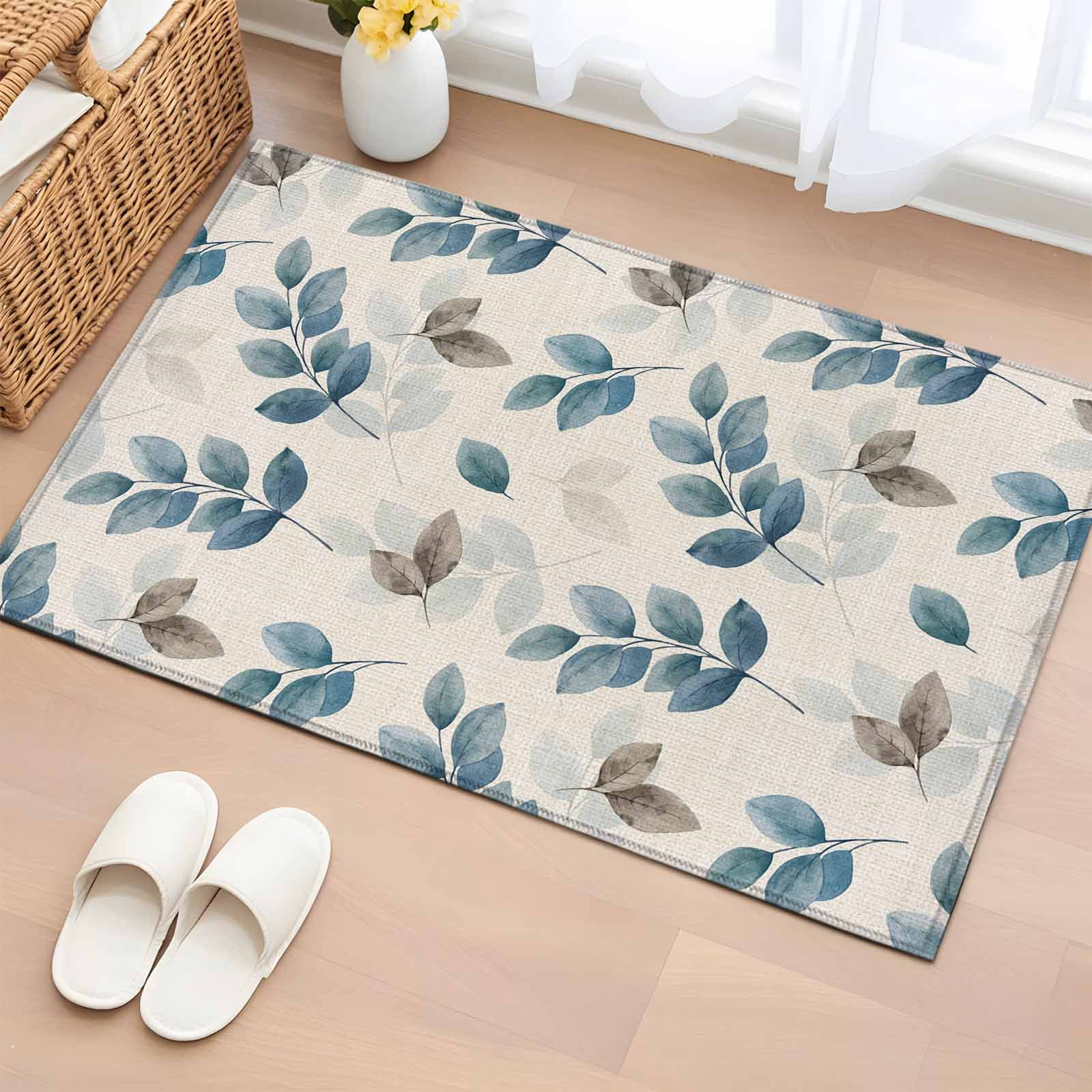 2x3 Door Mat Rug, Blue Botanical Fall Non-Skid Rubber Backing Large ...