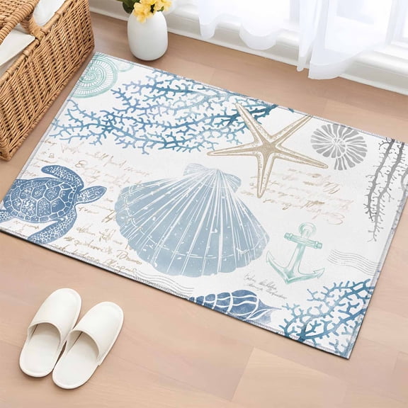 2x3 Door Mat Rug, Blue Coastal Nautical Non-Skid Rubber Backing Large Rectangle Rugs - Living Room Bedroom Home Office, Beach Sea Turtle Ocean Coral Starfish Indoor Floor Mat Carpets Washable Rug
