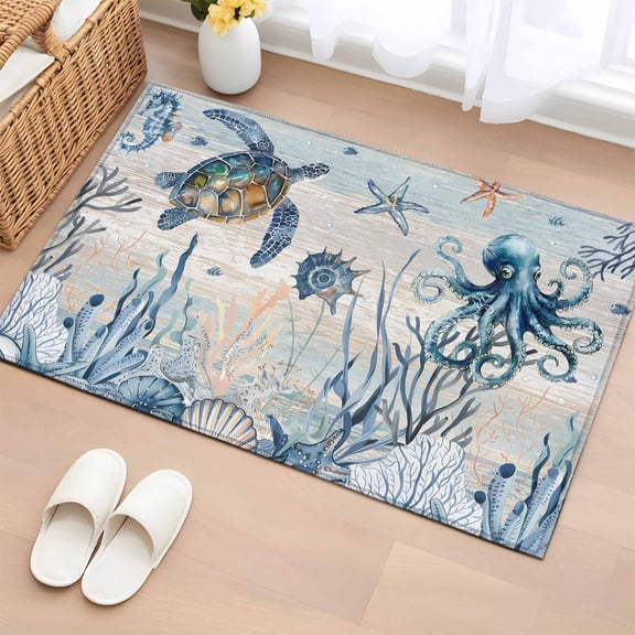 2x3 Door Mat Rug, Blue Coastal Non-Skid Rubber Backing Large Rectangle Rugs - Living Room Bedroom Home Office, Sea Turtle Octopus Coral Beach Nautical Indoor Floor Mat Carpets Washable Rug