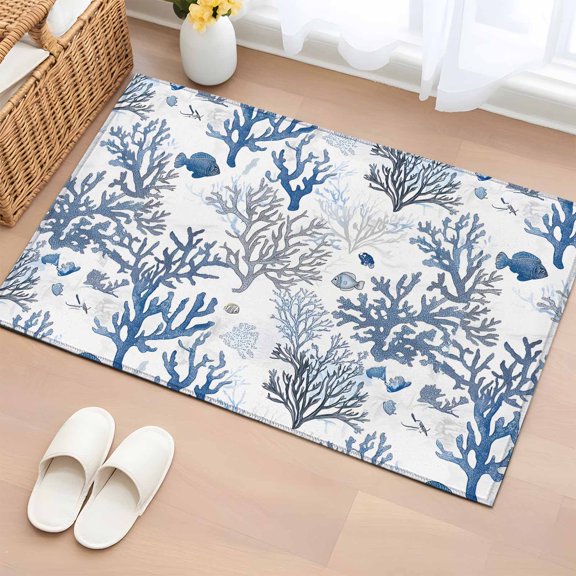 2x3 Door Mat Rug, Blue Coastal Non-Skid Rubber Backing Large Rectangle Rugs - Living Room Bedroom Home Office, Summer Nautical Ocean Beach Coral Fish Indoor Floor Mat Carpets Washable Rug