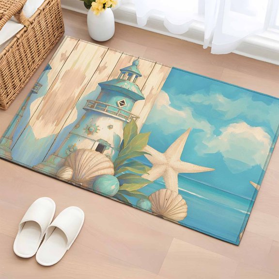2x3 Door Mat Rug, Blue Coastal Non-Skid Rubber Backing Large Rectangle Rugs - Living Room Bedroom Home Office, Watercolor Nautical Starfish Lighthouse Beach Indoor Floor Mat Carpets Washable Rug