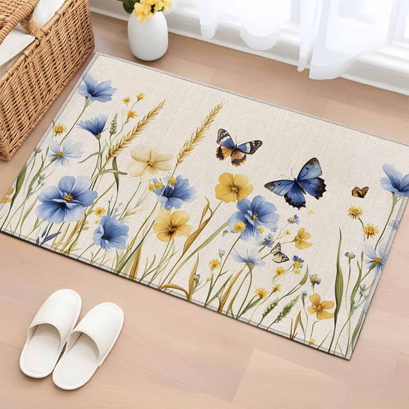 2x3 Door Mat Rug, Blue Floral Non-Skid Rubber Backing Large Rectangle Rugs - Living Room Bedroom Home Office, Yellow Flower Butterflies Country Plant Indoor Floor Mat Carpets Washable Rug