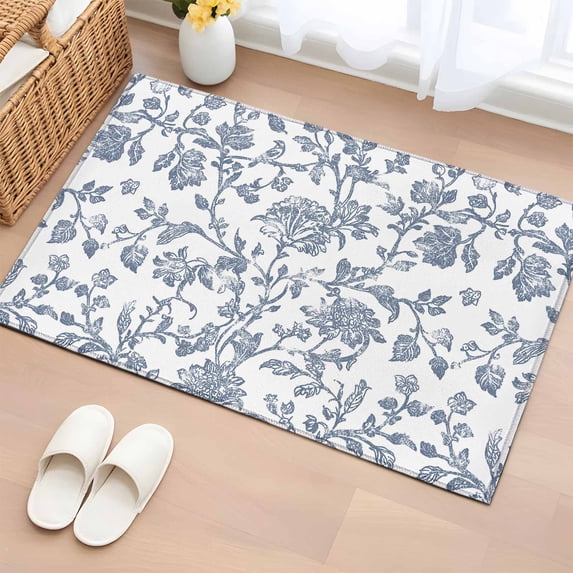 2x3 Door Mat Rug, Blue Flower Non-Skid Rubber Backing Large Rectangle Rugs - Living Room Bedroom Home Office, Vintage Farmhouse Boho Leaf Spring Summer Indoor Floor Mat Carpets Washable Rug