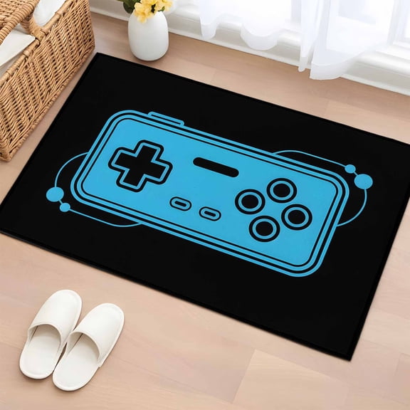 2x3 Door Mat Rug, Blue Game Handle Non-Skid Rubber Backing Large Rectangle Rugs - Living Room Bedroom Home Office, Video Gamer Console Earphones Black Indoor Floor Mat Carpets Washable Rug