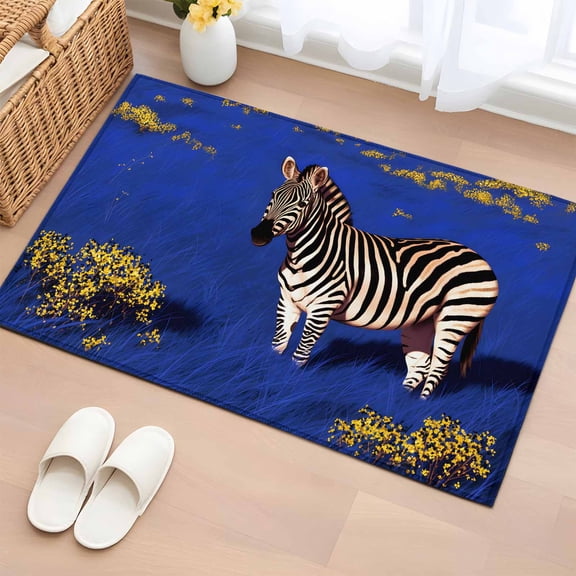 2x3 Door Mat Rug, Blue Grassland Abstract Non-Skid Rubber Backing Large Rectangle Rugs - Living Room Bedroom Home Office, Zebra Wildflowers Natural Scenery Indoor Floor Mat Carpets Washable Rug