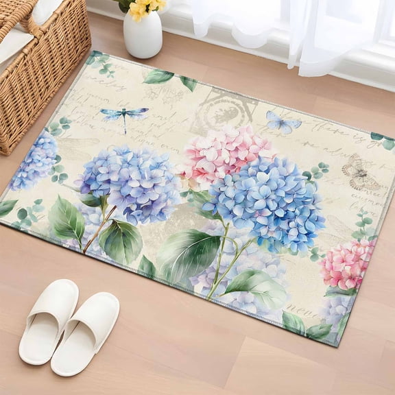 2x3 Door Mat Rug, Blue Hydrangea Non-Skid Rubber Backing Large Rectangle Rugs - Living Room Bedroom Home Office, Pink Flowers Spring Botanical Country Plants Indoor Floor Mat Carpets Washable Rug