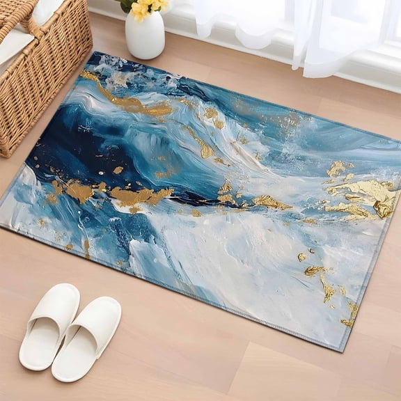 2x3 Door Mat Rug, Blue Oil Painting Non-Skid Rubber Backing Large Rectangle Rugs - Living Room Bedroom Home Office, Modern Marble Art Abstract Indoor Floor Mat Carpets Washable Rug