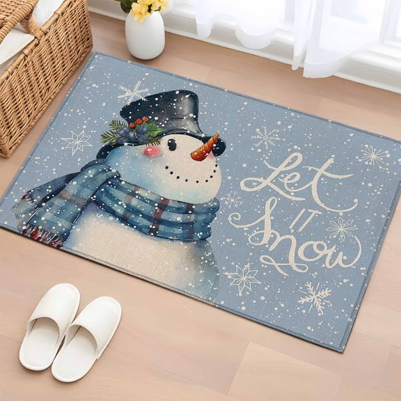 2x3 Door Mat Rug, Blue Snowman Christmas Non-Skid Rubber Backing Large Rectangle Rugs - Living Room Bedroom Home Office, Let Snow Xmas Winter Snowflake Indoor Floor Mat Carpets Washable Rug
