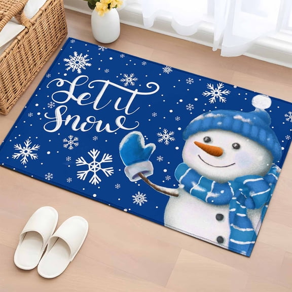 2x3 Door Mat Rug, Blue Snowman Christmas Non-Skid Rubber Backing Large Rectangle Rugs - Living Room Bedroom Home Office, Xmas Winter Snowflake Let Snow Indoor Floor Mat Carpets Washable Rug