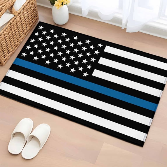 2x3 Door Mat Rug, Blue White American Police Flag Non-Skid Rubber Backing Large Rectangle Rugs - Living Room Bedroom Home Office, Honoring Law Enforcement Officers Indoor Floor Carpets Washable Rug