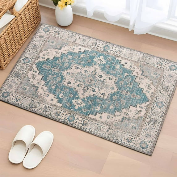 2x3 Door Mat Rug, Boho Blue Non-Skid Rubber Backing Large Rectangle ...