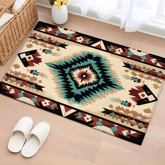 2x3 Door Mat Rug, Boho Brown Teal Red Non-Skid Rubber Backing Large Rectangle Rugs - Living Room Bedroom Home Office, Southwestern Geometric Abstract Retro Indoor Floor Mat Carpets Washable Rug