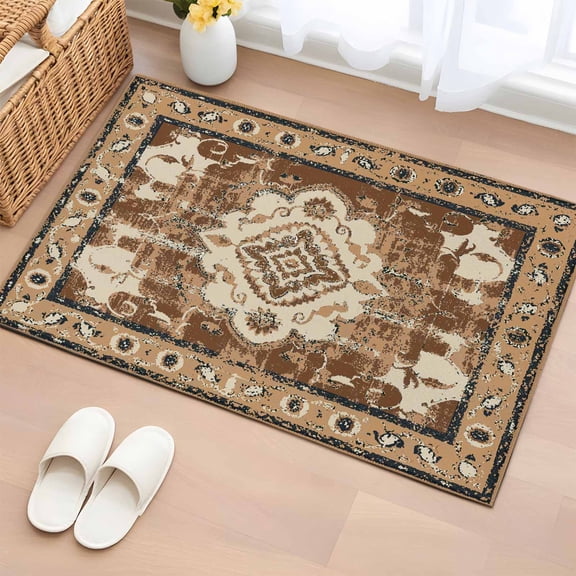 2x3 Door Mat Rug, Brown Boho Non-Skid Rubber Backing Large Rectangle Rugs - Living Room Bedroom Home Office, Retro Western Rustic Ethnic Tribal Patterns Indoor Floor Mat Carpets Washable Rug
