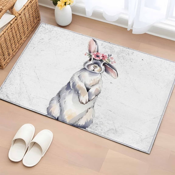 2x3 Door Mat Rug, Bunny Easter Non-Skid Rubber Backing Large Rectangle Rugs - Living Room Bedroom Home Office, Rabbits Farmhouse Floral Animals Indoor Floor Mat Carpets Washable Rug