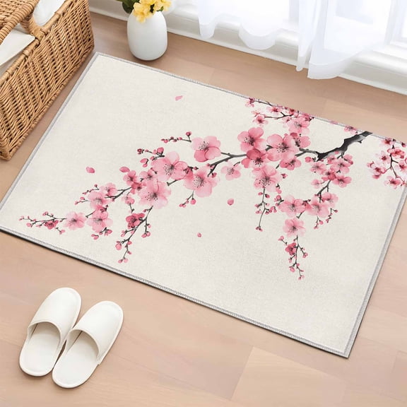 2x3 Door Mat Rug, Cherry Blossoms Non-Skid Rubber Backing Large Rectangle Rugs - Living Room Bedroom Home Office, Pink Flower Floral Spring Nature Country Indoor Floor Mat Carpets Washable Rug