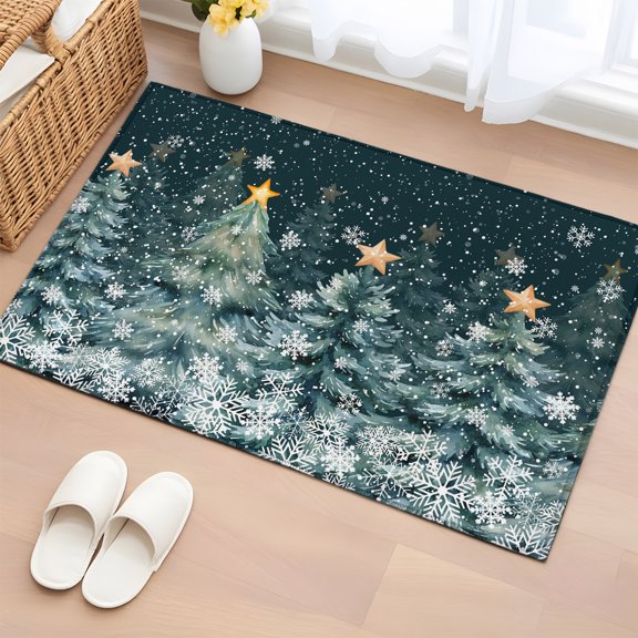2x3 Door Mat Rug, Christmas Green Trees Non-Skid Rubber Backing Large Rectangle Rugs - Living Room Bedroom Home Office, Xmas Snowflake Blue Forest Wonderland Indoor Floor Mat Carpets Washable Rug