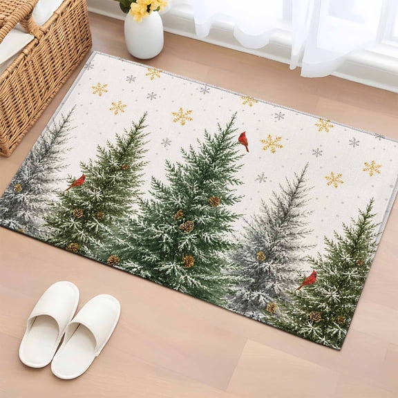 2x3 Door Mat Rug, Christmas Trees Non-Skid Rubber Backing Large Rectangle Rugs - Living Room Bedroom Home Office, Beige Xmas Tree Snowflake Birds Indoor Floor Mat Carpets Washable Rug