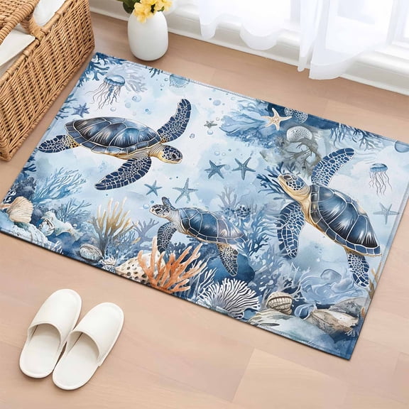 2x3 Door Mat Rug, Coastal Beach Non-Skid Rubber Backing Large Rectangle Rugs - Living Room Bedroom Home Office, Sea Turtle Nautical Coral Starfish Indoor Floor Mat Carpets Washable Rug