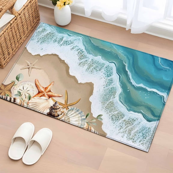 2x3 Door Mat Rug, Coastal Beach Ocean Non-Skid Rubber Backing Large Rectangle Rugs - Living Room Bedroom Home Office, Nautical Starfish Shells Conch Indoor Floor Mat Carpets Washable Rug