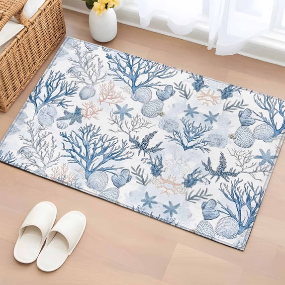 2x3 Door Mat Rug, Coastal Coral Non-Skid Rubber Backing Large Rectangle Rugs - Living Room Bedroom Home Office, Vintage Ocean Blue Starfish Conch Nature Indoor Floor Mat Carpets Washable Rug