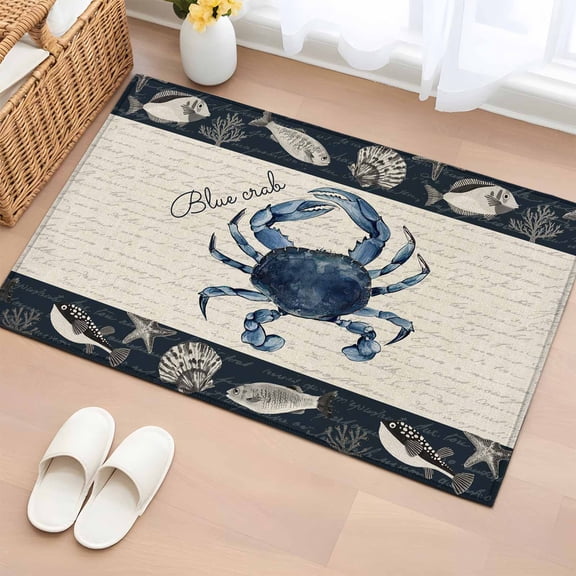 2x3 Door Mat Rug, Coastal Crab Non-Skid Rubber Backing Large Rectangle Rugs - Living Room Bedroom Home Office, Nautical Ocean Beach Fish Starfish Indoor Floor Mat Carpets Washable Rug