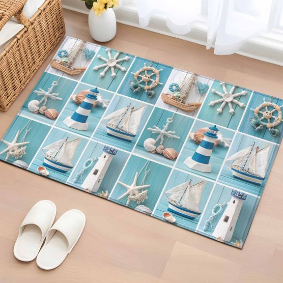 2x3 Door Mat Rug, Coastal Ocean Non-Skid Rubber Backing Large Rectangle Rugs - Living Room Bedroom Home Office, Nautical Lighthouse Blue Wooden Indoor Floor Mat Carpets Washable Rug