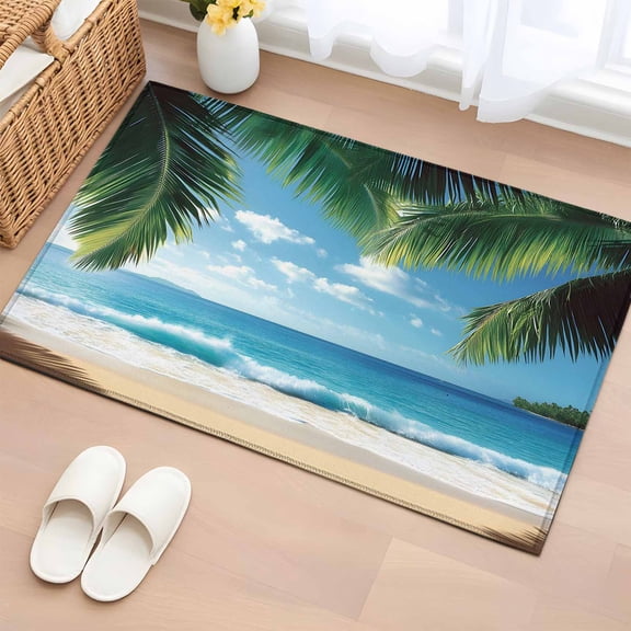 2x3 Door Mat Rug, Coastal Ocean Non-Skid Rubber Backing Large Rectangle Rugs - Living Room Bedroom Home Office, Sandy Beach Coconut Tree Blue Sky Scenery Indoor Floor Mat Carpets Washable Rug